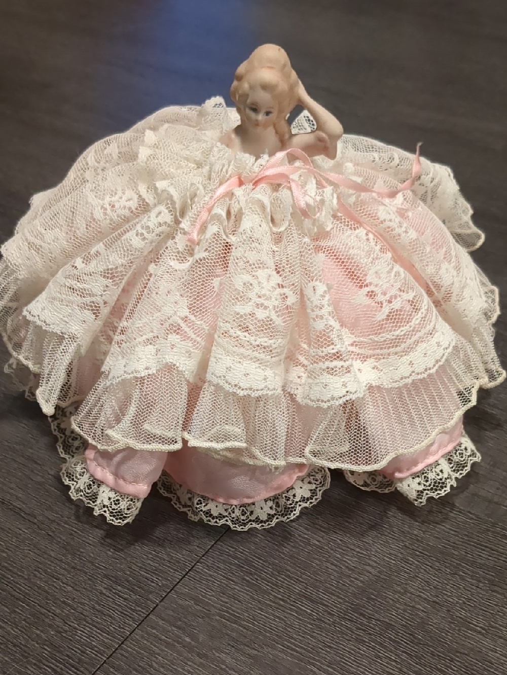 Antique 1910s - 1920s Porcelain Half-Doll Pin Cushion Pink Lace Skirt